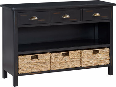 Retro Console Table With 3 Storage Drawers, Entryway Table With 3 Water Hyacinth Woven Baskets,Wooden Accent Sofa Table Buffet Cabinet