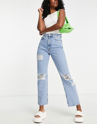Weekday Rowe extra high waist straight leg jeans in trash blue - ShopStyle