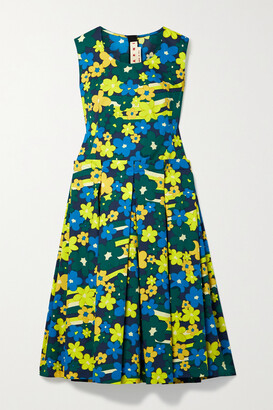 Marni Pleated Floral-print Cotton-poplin Midi Dress - Green