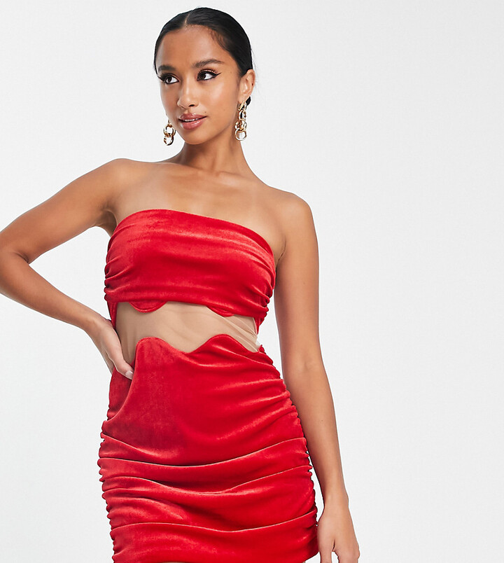 Jaded Rose Petite bandeau mini dress with wavy cut out in red velvet -  ShopStyle