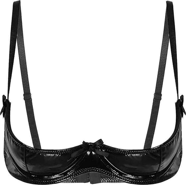 CHICTRY Women's PVC Leather 1/4 Cups Shelf Bra Top Underwired Open Nipple  Push Up Bralette Lingerie 3# Black 3XL