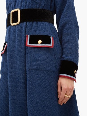 Gucci Velvet-trim Belted Boucle Dress - Blue