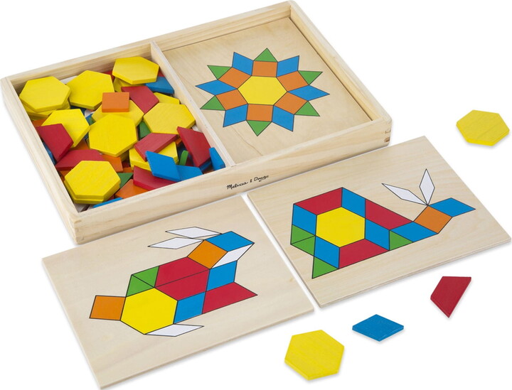 Melissa & Doug Pattern Blocks and Boards - Classic Toy With 120 Solid Wood Shapes and 5 Double-Sided Panels, Multi-Colored Animals Puzzle