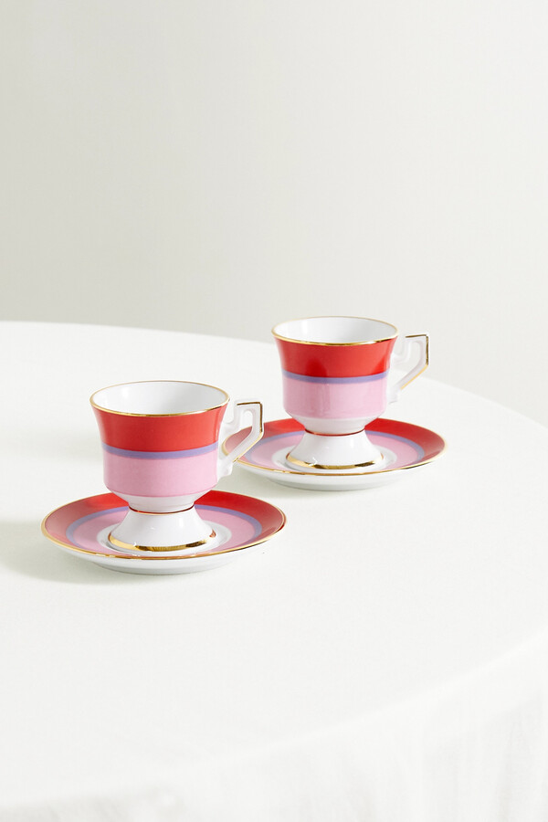 Set of four gold-plated porcelain espresso cups and saucers