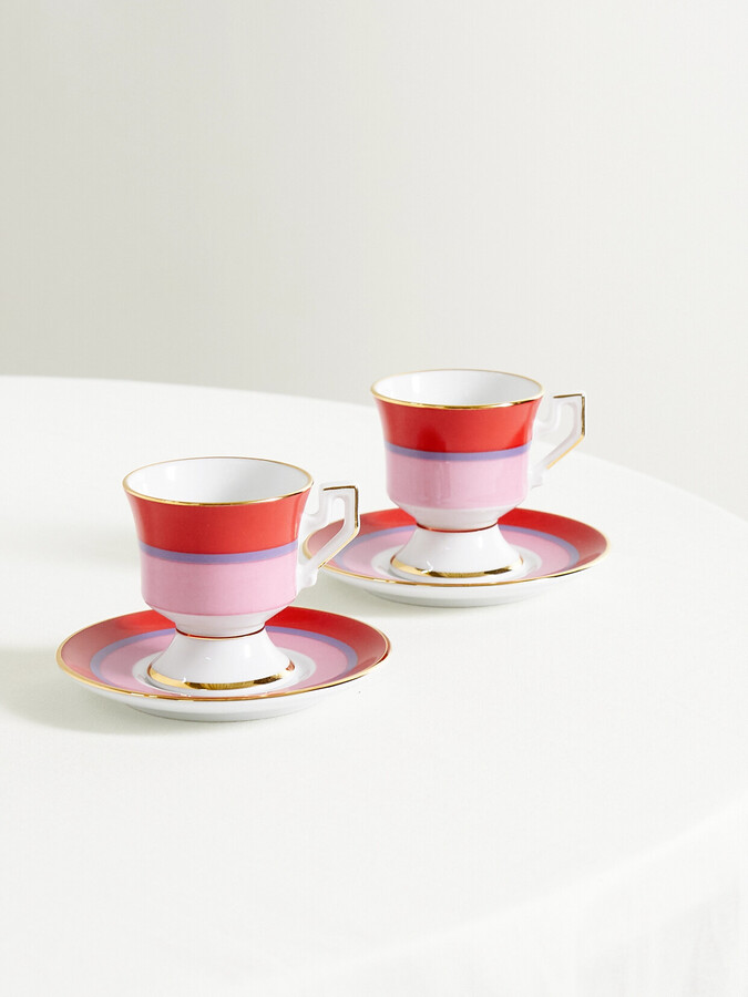 La DoubleJ - Set Of Two Gold-plated Porcelain Espresso Cups And Saucers - Pink