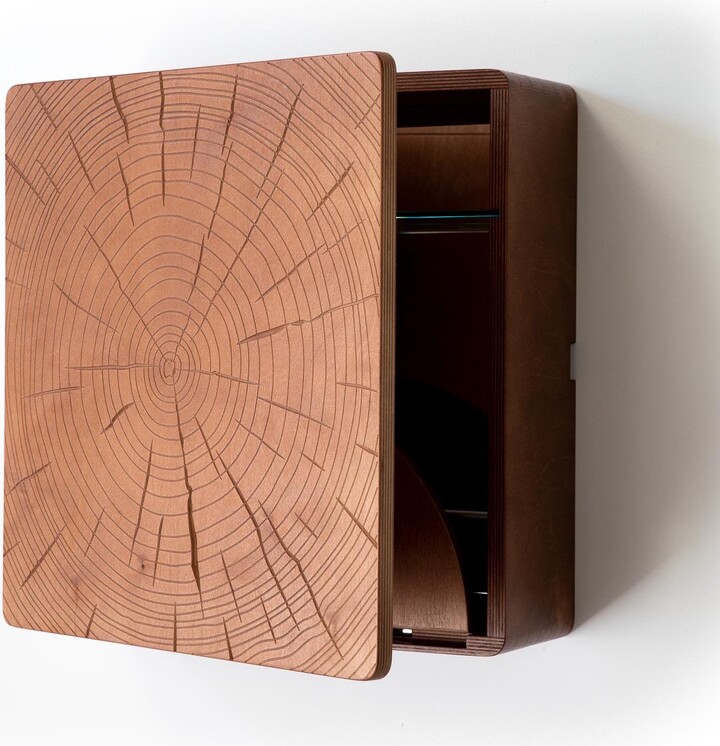 Tree Ring Hidden Bar Cabinet Wood Carved Wall Mounted Liquor Storage - Made in Usa