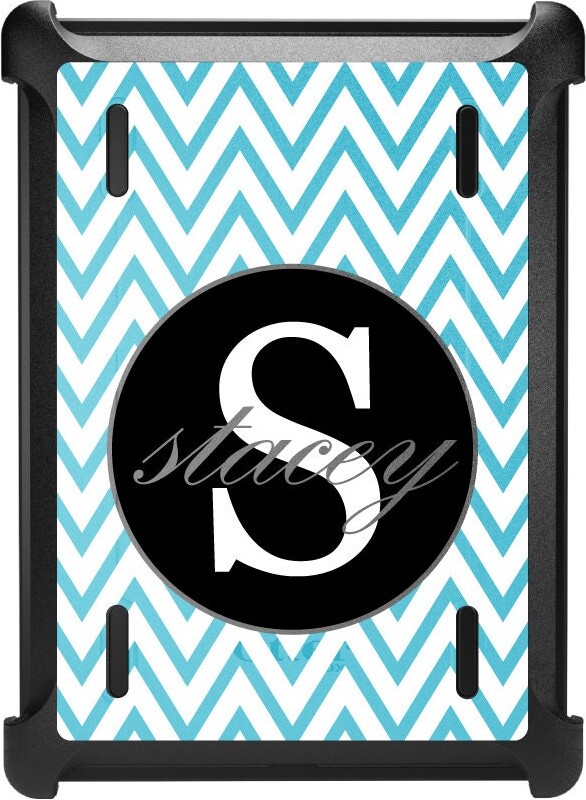 Etsy Custom Otterbox Defender For Apple Ipad/Air Pro Mini - Custom Monogram Blue White Chevron Gray