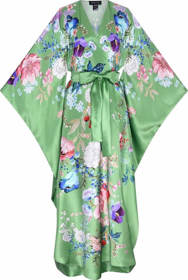 MENG Paris Green Watercolour Flowers Silk Satin Wrap Dress