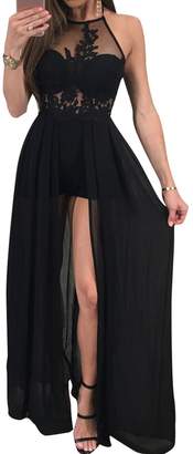Zamtapary Women Lace Patchwork Mesh Slit Party Halter Long Short Pants Dress Sets XL