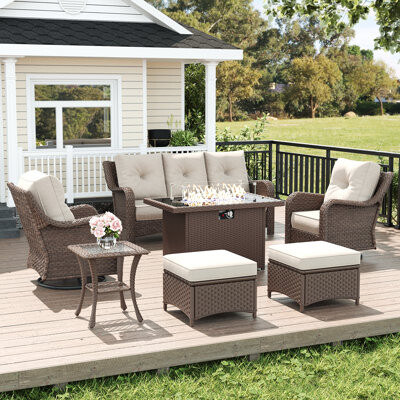 7 Piece Wicker Outdoor Furniture Set with 6-inch Comfy Cushions, High Back Patio Furniture Set with Swivel Rocking Chairs and Fire Pit Table