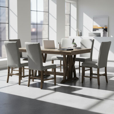 39F inc Reception Area Extendable Dining Table Set with 6 Upholstered Chairs – Mid-Century Solid Wood