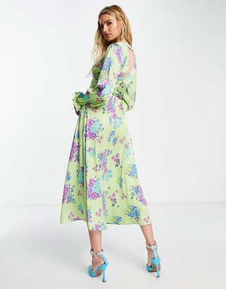 ASOS DESIGN satin button through midi tea dress with fluted sleeves in green floral print