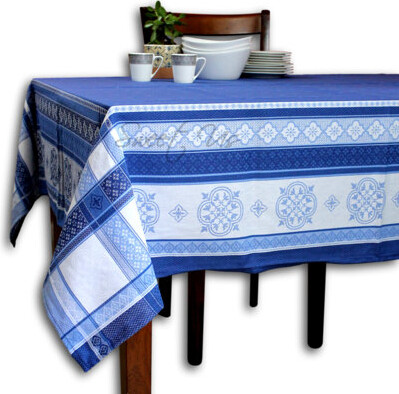 Wipeable Stain Resistant Polytetrafluoroethylene Coated Provencal Jacquard Cotton Geometric Tablecloth Collection