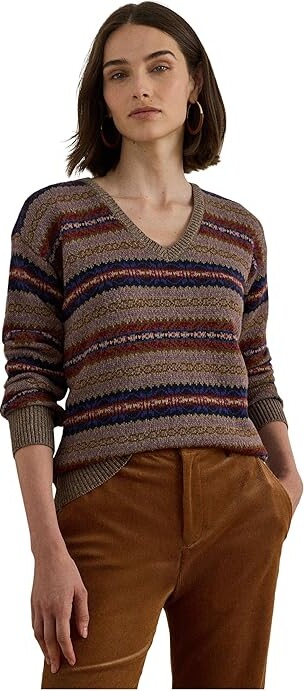 Lauren Ralph Lauren Fair Isle Cotton-Linen V-Neck Sweater Women's Sweater Taupe Heather : XS, Cotton/Linen