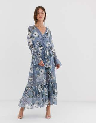 We Are Kindred Tabitha floral midi dress with button front-Blue