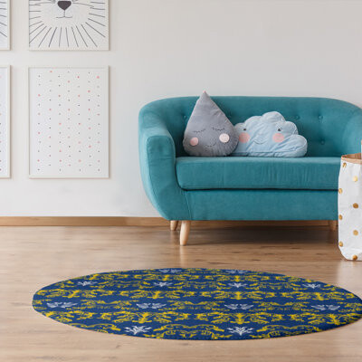 East Urban Home Round Football Baroque Pattern Damask Blue Area Rug