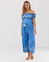 Thumbnail for your product : ASOS Maternity DESIGN Maternity off shoulder embroidery jumpsuit