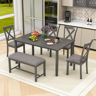 Gracie Oaks Gilverto 6-Piece Dining Set, Wooden Rectangular Table and Bench and X-Back Upholstered Chairs