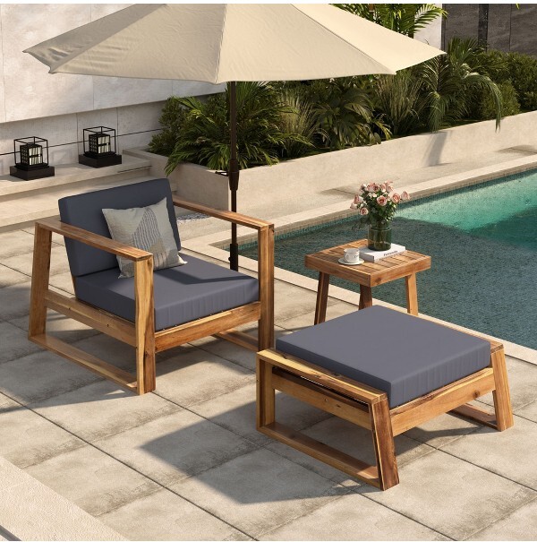 SapphtopazOutdoorPatioFurnitureSetWoodLoungeConversationChairswithOttomanandCoffeeTableBeachChairforGardenTerraceNatural+Gray