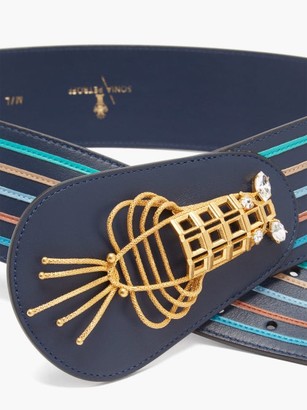 SONIA PETROFF Lobster Crystal-embellished Striped Leather Belt - Blue Multi