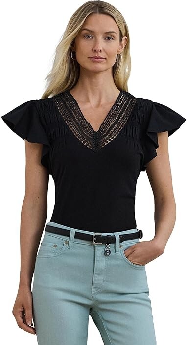 Lauren Ralph Lauren Lace-trim Jersey Flutter-sleeve T-Shirts Women's Blouse Black : XL, Cotton/Modal