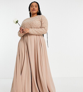 ASOS DESIGN Curve Bridesmaid maxi dress with long sleeve in pearl and beaded embellishment with tulle skirt