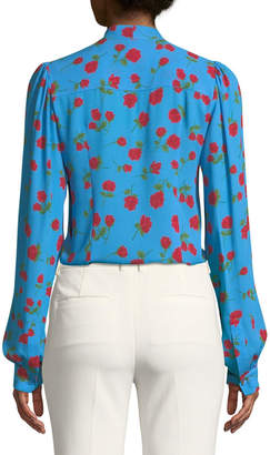 Michael Kors Button-Down Tie-Neck Scattered Rose-Print Silk Georgette Blouse