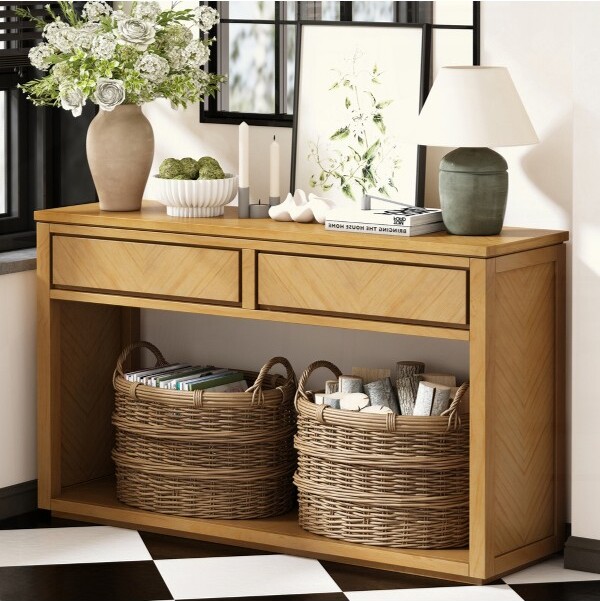 KIGFTSODRusticWoodenConsoleTable-StorageDrawers&OpenShelf,ElegantSofaTableforEntryway,Hallway&LivingRoom,Natural