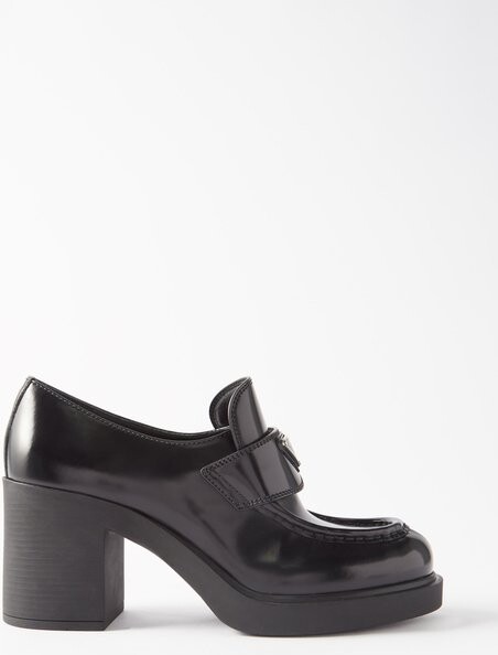 Prada Triangle Logo-plaque 85 Heeled Leather Loafers - ShopStyle Pumps
