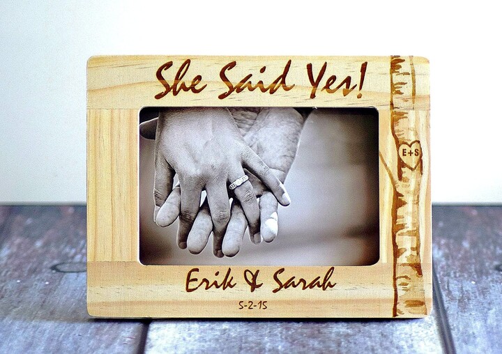 Personalized Engagement Picture Frame Engraved Pine Wood, "She Said Yes" Gift