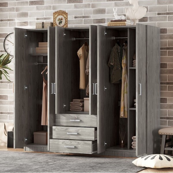 The Misty Moon 6-DoorsWoodenWardrobeStorageforBedroom,withBigDrawers,Gray