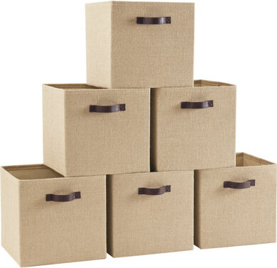 10.5 x 10.5 Storage Cube Bins, 6 Pack Jute Baskets, Fabric Storage Bins Shelf Basket Cube Organizer for Closet Foldable Collapsible with Leather Handl