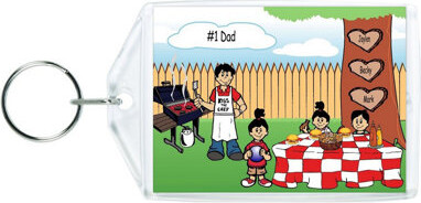 Printed Perfection Personalized Family Backyard Barbeque Single Dad 1 boy 2 girls Acrylic Key Chain