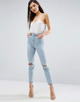 ASOS Design Farleigh High Waist Slim Mom Jeans In Beech Light Stonewash With Busted Knees And Chewed Hems