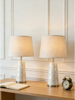 Ebern Designs Coastal Table Lamps Set Of 2 Touch Control Seashell Nightstand Lamps With Fabric Shade Modern Nautical Bedside Lighting For Beach Cottage And Farmho