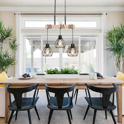 17 Stories Kitchen Island Modern Linear Chandelier With Diamond Shades Farmhouse Black Metal & Rustic Wood Ceiling Light Fixture