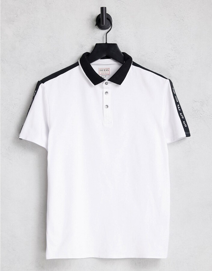 GUESS slim fit polo shirt in white with taping logo - ShopStyle