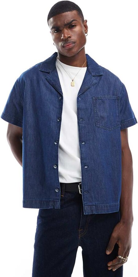 Another Influence revere collar boxy denim shirt in indigo blue