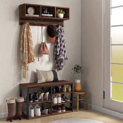 2-in-1 Coat Rack Shoe Bench Set with 5 Hooks and Storage for 10 Pairs of Shoes, Perfect for Entryway and Hallway Organization