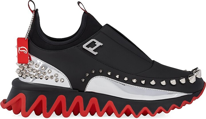 Christian Louboutin Men's Louis Junior Spiked Glitter Sneakers, Silver/Silver, Men's, 16D, Sneakers & Trainers Sneakers