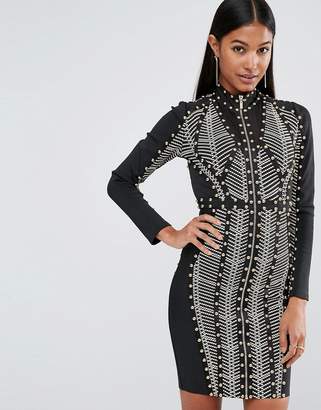 Wow Couture Longsleeved Bandage Dress with Allover Studs