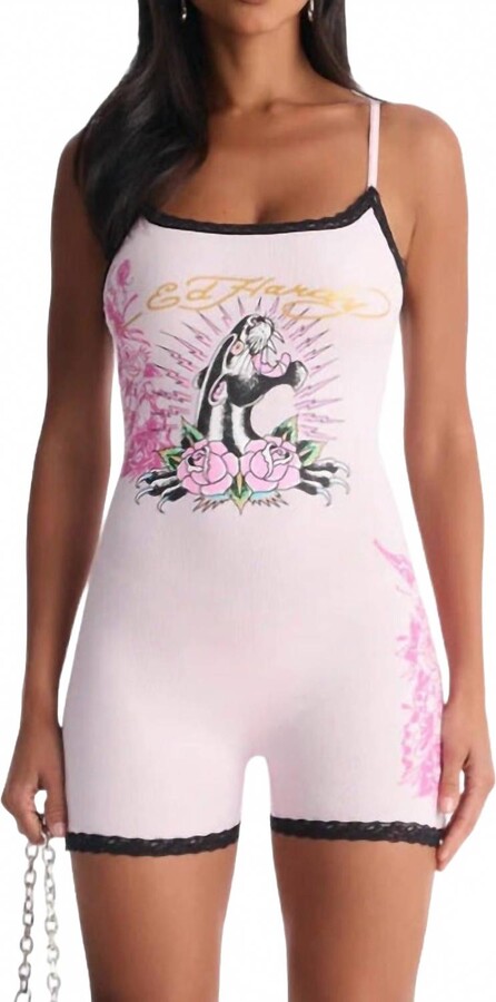 Ed Hardy Panther Roses Lace Sleep Romper In Pink