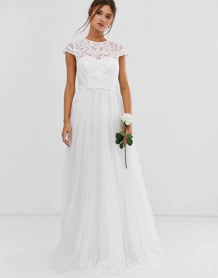 asos edition long sleeve lace bodice maxi wedding dress with pleated skirt