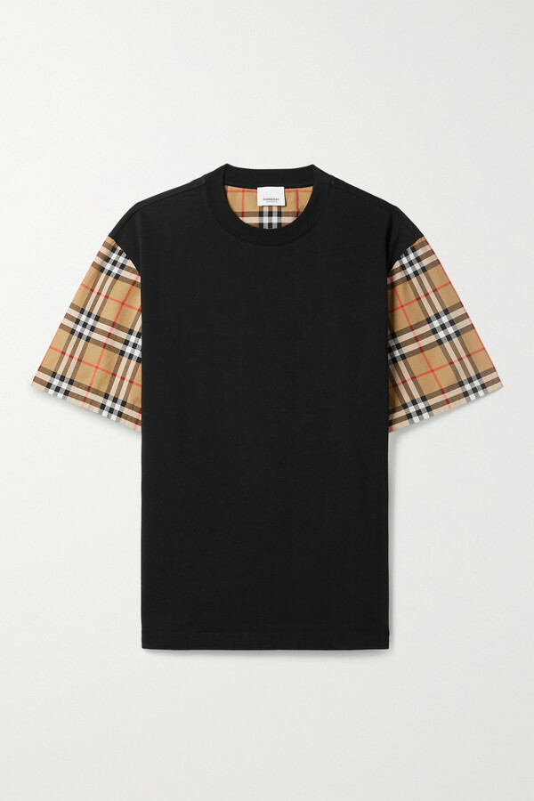 Burberry + Net Sustain Checked Poplin-trimmed Cotton-jersey T-shirt - Black  - ShopStyle