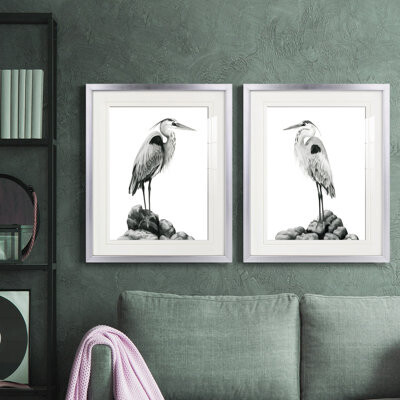 Bayou Breeze Shoreline Heron In B&W I Premium Framed Print - Ready To Hang