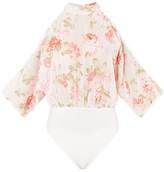 Thumbnail for your product : PrettyLittleThing Marci White Floral Print Woven Cold Shoulder Thong Bodysuit