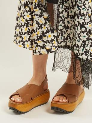 Marni Cross Strap Grained Leather Flatform Sandals - Womens - Tan
