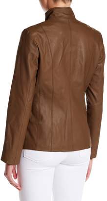 Cole Haan Leather Front Zip Wing Collar Jacket