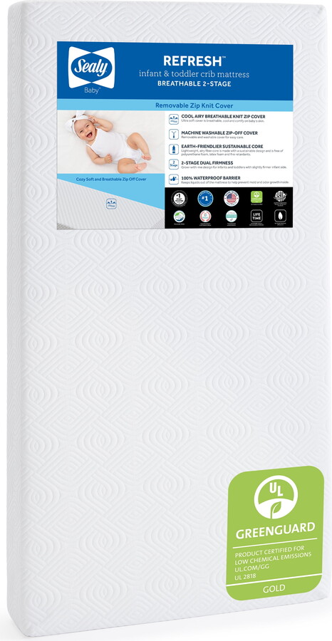 Sealy Baby Sealy Refresh Breathable 2-Stage Crib Mattress and Toddler Mattress with Washable Cover, GREENGUARD Certified