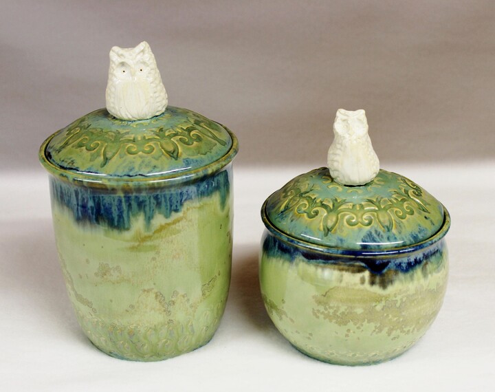 Etsy White Snow Owl Canister Set in Soft Green Crystalline Handmade Ceramic Coffee & Sugar Jars
